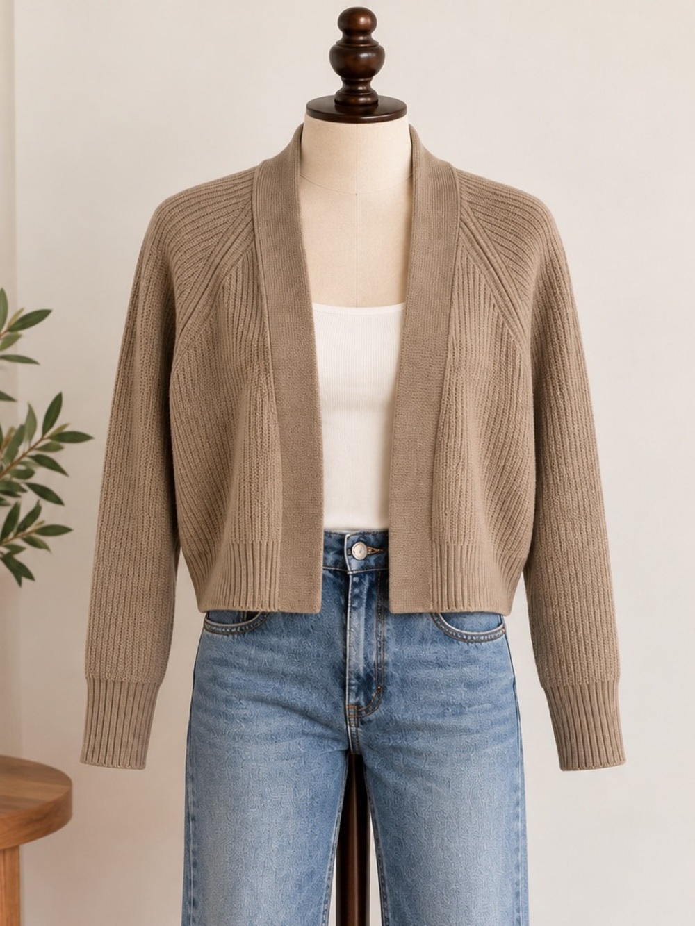 Rachel Zoe 100% Merino Wool Taupe Cropped Cardigan M Quiet Luxury